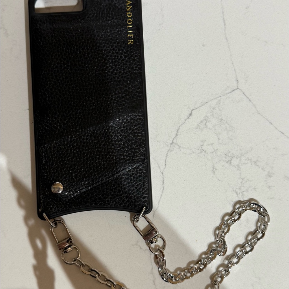 Black Leather Phone Case with wrist Chain for iPhone 6+, 7+ and 8+